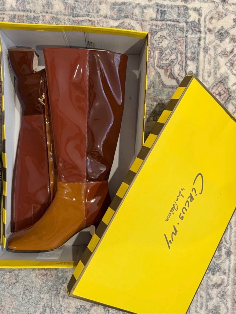 Circus by Sam Edelman Two-Tone Patent Knee Boots in Rust and Cognac